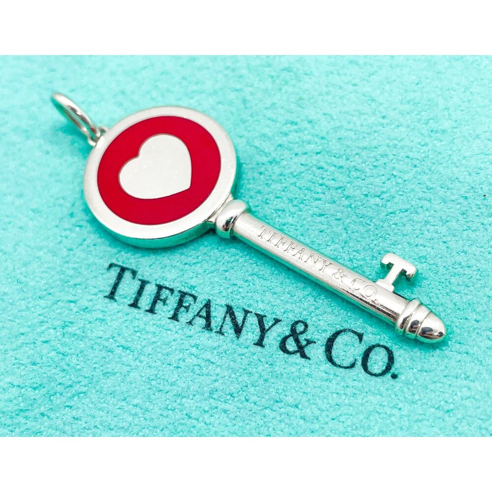 Tiffany & Co. Red Enamel Heart Key Pendant Sterling Silver w/ Pouch